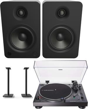 Kanto YU6MB 200W Bookshelf Speakers with Bluetooth with Kanto SP26PL 26 Inch Fixed-Height Stands for Bookshelf Speakers and an AT-LP120XBT-USB-BK Black Direct Turntable (2022)