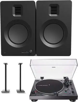 Kanto TUKMB Bookshelf Speakers with 5.25 Inch Aluminum Drivers with Kanto SP32PL 32 Inch Fixed-Height Stands for Bookshelf Speakers and an AT-LP120XBT-USB-BK Black Direct Turntable (2019)