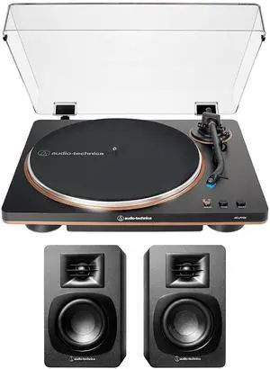 Audio Technica AT-LP70X-BZ Automatic Belt Drive Turntable - Black/Bronze with Audio Technica AT-SP3X Powered Bookshelf Speakers (2024)