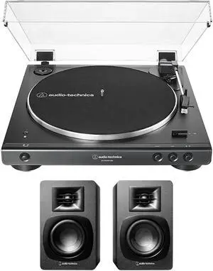 Audio Technica AT-LP60XBT-USB-BK Full Automatic Belt Drive Turntable with Audio Technica AT-SP3X Powered Bookshelf Speakers (2021)