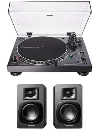 Audio Technica AT-LP120XBT-USB-BK Black Direct Turntable with Audio Technica AT-SP3X Powered Bookshelf Speakers (2021)