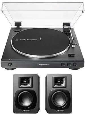 Audio-Technica AT-LP60X-BK Fully Automatic 2-Speed Belt-Drive Turntable with Audio Technica AT-SP3X Powered Bookshelf Speakers (2018)