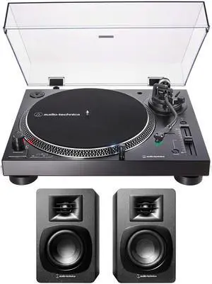 Audio-Technica AT-LP120XUSB-BK Direct-Drive 3-Speed Manual USB Turntable with Audio Technica AT-SP3X Powered Bookshelf Speakers (2018)