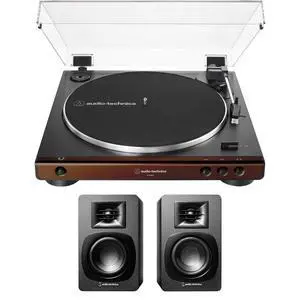 Audio-Technica AT-LP60X-BW Fully Automatic 2-Speed Belt-Drive Turntable with Audio Technica AT-SP3X Powered Bookshelf Speakers (2018)