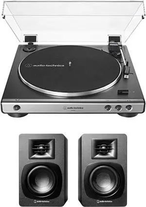 Audio-Technica AT-LP60X-GM Fully Automatic 2-Speed Belt-Drive Turntable with Audio Technica AT-SP3X Powered Bookshelf Speakers (2018)