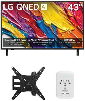 LG 43QNED82AUA 43 Inch QNED AI 4K Smart TV with a Walts Medium Full Motion Mount and Amber Protection 3-OUTLET-SURGE Surge Protector (2025)