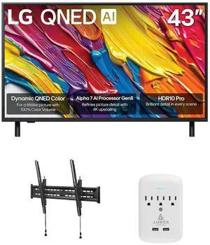 LG 43QNED82AUA 43 Inch QNED AI 4K Smart TV with a Walts TILT-MOUNT-43-90 Large/XL Tilt Mount and Amber Protection 3-OUTLET-SURGE Surge Protector (2025)
