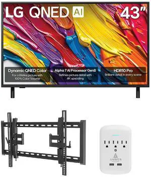 LG 43QNED82AUA 43 Inch QNED AI 4K Smart TV with a Walts TILT-EXTENSION-37-90 Tilt Mount and Amber Protection 3-OUTLET-SURGE Surge Protector (2025)