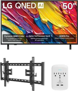 LG 50QNED82AUA 50 Inch QNED AI 4K Smart TV with a Walts TILT-EXTENSION-37-90 Tilt Mount and Amber Protection 3-OUTLET-SURGE Surge Protector (2025)