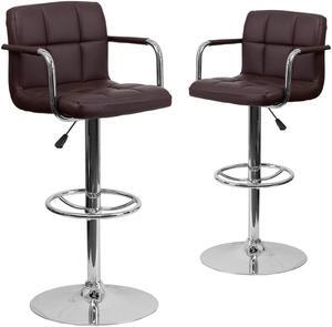 2 Pk. Contemporary Brown Quilted Vinyl Adjustable Height Barstool with Arms and Chrome Base