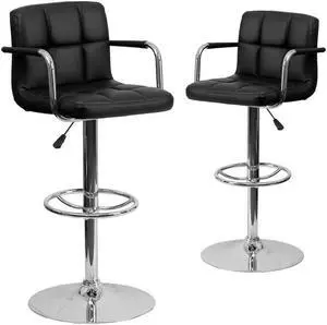 2 Pk. Contemporary Black Quilted Vinyl Adjustable Height Barstool with Arms and Chrome Base