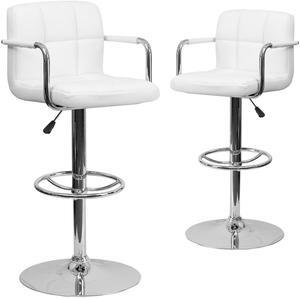 2 Pk. Contemporary White Quilted Vinyl Adjustable Height Barstool with Arms and Chrome Base