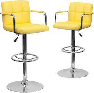 2 Pk. Contemporary Yellow Quilted Vinyl Adjustable Height Barstool with Arms and Chrome Base