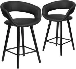 2 Pk. Brynn Series 24'' High Contemporary Black Vinyl Counter Height Stool with Cappuccino Wood Frame