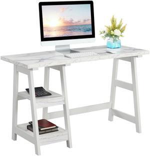 Designs2Go Trestle Desk with Shelves, White Faux Marble/White
