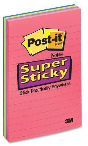 Post-it 4621SSAU Super Sticky Rio de Janeiro Lined Pads, 4" x 6" - Assorted - Paper - Self-adhesive, Repositionable - 4/Pack