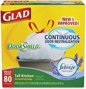 Glad OdorShield Tall Kitchen Drawstring Bag - 13 gal - Plastic - 80/Box - White