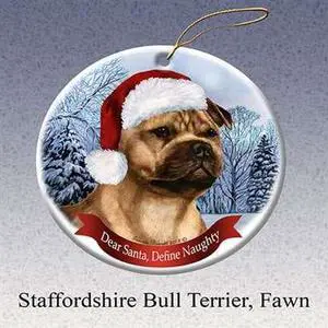 Holiday Pet Gifts Staffordshire (Fawn) Santa Hat Dog Porcelain Christmas Tree Ornament Holiday Pet Gifts Staffordshire (Fawn) Santa Hat Dog Porcelain Christmas Tree Ornament