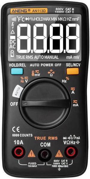 ANENG AN113D Digital Multimeter Electrical Meter 6000 Counts DC/AC Current Voltage Tester Meters True RMS Auto Ranging LCD Display Temperature Measurement - Black
