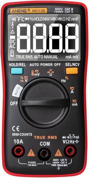 ANENG AN113D Digital Multimeter Electrical Meter 6000 Counts DC/AC Current Voltage Tester Meters True RMS Auto Ranging LCD Display Temperature Measurement - Red