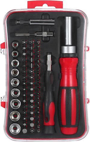 65PCS Ratchet Nut Driver and Screwdriver Kit Low-magnetic Screw Driver Bit and 1/4-Inch Drive Socket Set with 51-Piece Slotted/Philips/Pozi/Torx/Square/Hexagon Bits + 9-Piece Sockets + 2-Piece Extensi