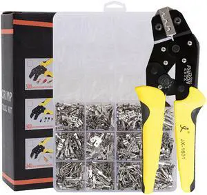 Wire Terminals Crimping Tool Insulated Ratcheting Crimper Kit of AWG 26-16 with 840PCS Male and Female Spade Connectors