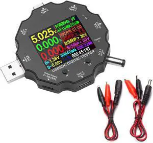 USB3.0/DC/Type-C USB Tester Detector Meter Multimeter with 2-Way Current Measurement 1.8 Inch Color Screen Crocodile Clip for Testing Voltage Current Capacity Power Temperature