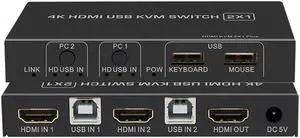 4K HDMI USB KVM Switcher Extender 2X1 Dual Ports HDMI+USB In To HDMI+USB Out For Windows10 Macs