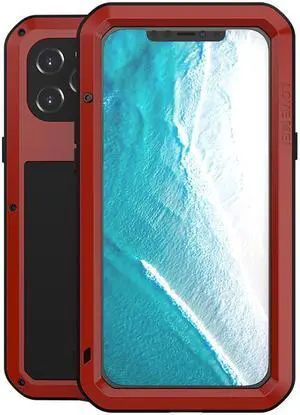 LOVE MEI Powerful Metal Waterproof Case For iPhone12 Pro Max Cover Full Body Protection ShockProof Phone Case (Red)