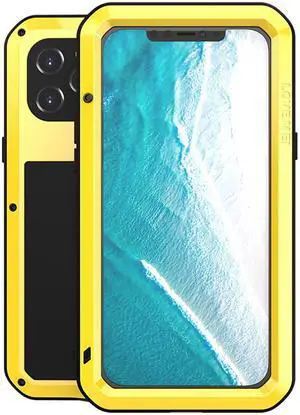 LOVE MEI Powerful Metal Waterproof Case For iPhone12 Pro Max Cover Full Body Protection ShockProof Phone Case (Yellow)