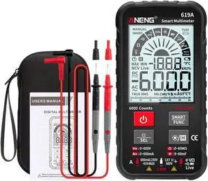 ANENG 619A 6000 Counts LCD Digital Multimeter Pocket Size True RMS Universal Tester Measure AC/DC Voltage & Current Resistance Capacitance Continuity Diode NCV Test - Black