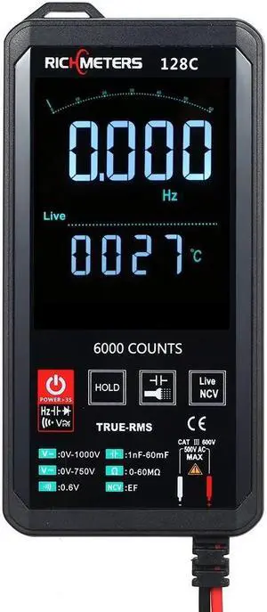 RICHMETERS 128C Digital Multimeter 6000 Counts True-RMS Auto Ranging AC/DC Voltage Temperature Measuring Meter Flash Light Backlight Large Screen