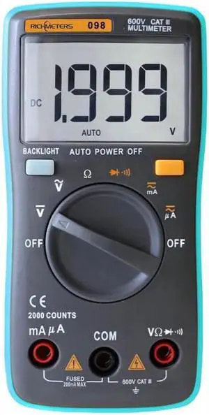 RICHMETERS RM098 Multifunctional LCD Digital Multimeter DMM DC AC Voltage Current Resistance Diode Continuity Tester Measurement Automatic Polarity Identification Ammeter Voltmeter Ohm