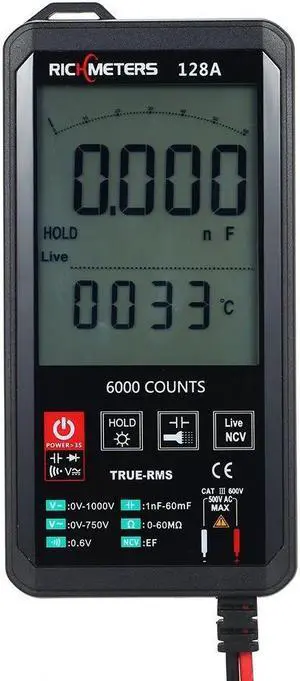 RICHMETERS 128A Digital Multimeter 6000 Counts True-RMS Auto Ranging AC/DC Voltage Temperature Measuring Meter Flash Light Backlight Large Screen