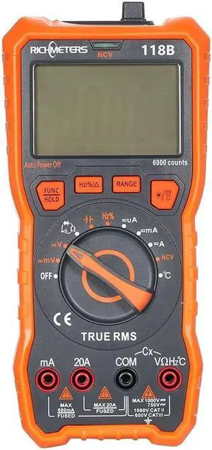 118B 20A Digital Multimeter 6000 Counts NCV HFE True-RMS 100mF Capacitance Magnet AC/DC Voltage Current Temperature