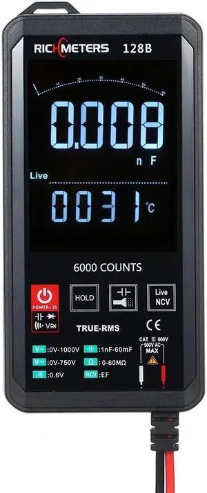 RICHMETERS 128B Digital Multimeter 6000 Counts True-RMS Auto Ranging AC/DC Voltage Temperature Measuring Meter Flash Light Backlight Large Screen