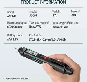 ANENG A3007 Pen Multimeter 6000 Counts Digital Multimeter Meter Tester with LCD Display Backlight Flashlight NCV Auto-off Multiple Accessories for Voltage Current Resistance Capacitance Diode Continui