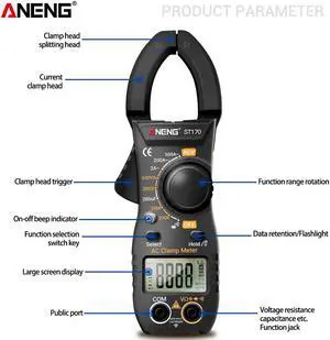ST170 Portable Digital Clamp Meter DC/AC Current Multimeter Ammeter Voltage Tester Diode Current Capacitance NCV Ohm Test - Black(no box)