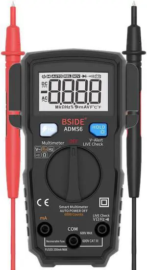 BSIDE ADMS6 High Precision Automatic Induction Small Digital Intelligent Multimeter 6000 Counts DC/AC Voltage Tester LCD Display (Black)