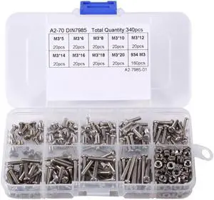 340pcs/set M3 Screws Nuts Stainless Steel Pan Head Screws Hex Nuts Assortment Kit Fastener Hardware Woodworking Tools