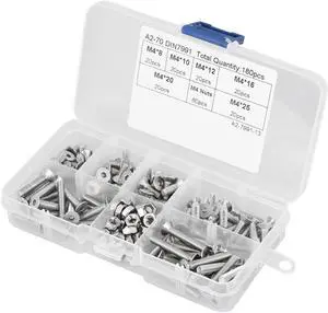 180pcs/set M4 Screws Nuts 304 Stainless Steel Flat Head Bolt Screws Nuts Assortment Kit Woodworking Tools Fastener Hardware