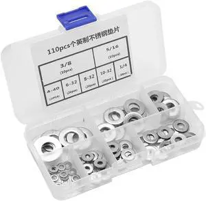 110pcs Imperial Standard Stainless Steel Flat Washer Plain Washers Assortment Kit Hardware Tools with Box