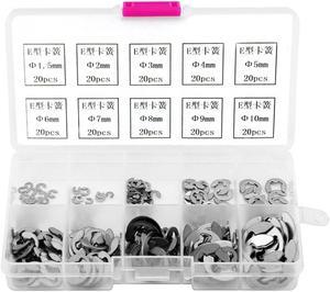 200pcs E-clips Retaining Ring Washer Stainless Steel Opening Snap Ring Washers Tools Assortment Kit Fastener Hardware 1.5mm-10mm