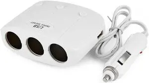 B04 3 Ways Car Auto Cigarette Lighter Sockets Splitter Power Adapter Dual USB Charger For Iphone Samsung Phone - White