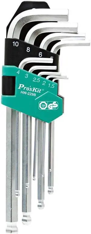 Pro'sKit HW-229B Lengthened Hex Wrench Ball Hex Wrench Type (Group 9) 1.5-10mm Specialty Optional Arm Ball Hex Wrench Set 9 Set Wrench