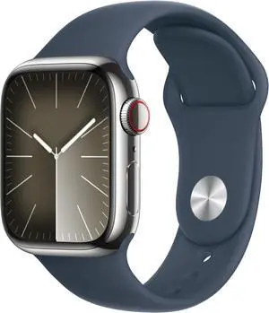 Apple Watch Series 9 (GPS + LTE) 41MM Silver Stainless Steel Case Storm Blue Sport Band