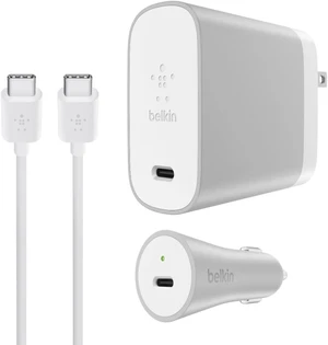 Belkin USB-C Home & Car Charger Kit 45W/27W with 6ft Cable - White/Silver Belkin USB-C Home & Car Charger Kit 45W/27W with 6ft Cable - White/Silver