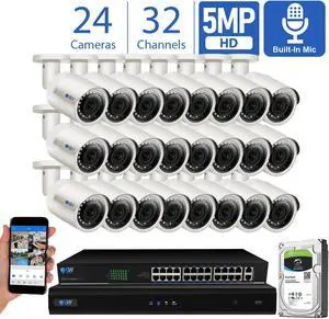 GW Smart AI PoE IP Video & Audio Security Camera System, 32CH 4K NVR with 24 x 5MP 1920P IP Bullet Camera, Day/Night Weather Proof, Human Detection, 8TB