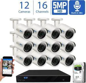 GW Smart AI PoE IP Video & Audio Security Camera System, 16CH 4K NVR with 12 x 5MP 1920P IP Bullet Camera, Day/Night Weather Proof, Human Detection, 4TB
