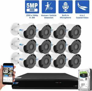 GW Security 16 Channel 4K DVR 5MP CCTV AI Surveillance System with 12 x 5MP HD 1920p AI Face/Human/Vehicle Detection Waterproof Microphone Bullet Security Cameras, 4TB Hard Drive